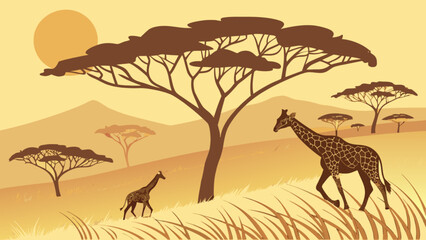 Giraffe safari landscape vector illustration african wildlife scene with savanna trees and sunset background