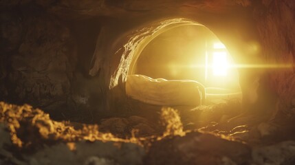 sunlight flooding ancient rock tomb at dawn over linen resting on stone hopeful spiritual scene warm rays dramatic atmosphere copyspace concept of religion faith spirituality