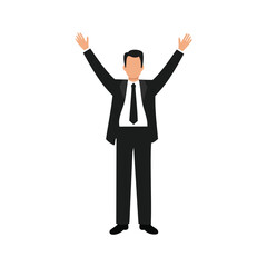 Man in suit with arms raised in celebration on white background