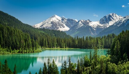 Fototapeta premium A Serene Green Lake Sits Nestled Amidst A Range Of Snow Capped Mountains Surrounded By Lush Green Forests