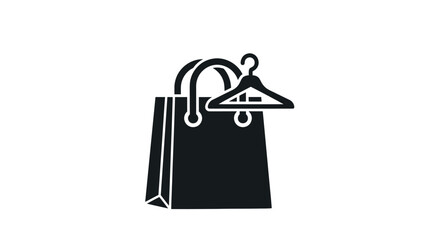 Black silhouette icon of a shopping bag with a clothes hanger representing fashion retail and apparel purchases.