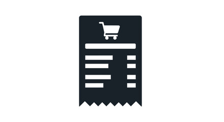 Simple black and white icon of a shopping receipt with a cart symbol and itemized list.