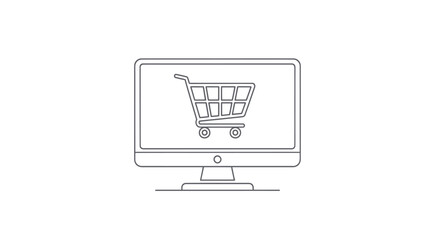 Simple Line Drawing of a Computer Displaying Shopping Cart Icon.