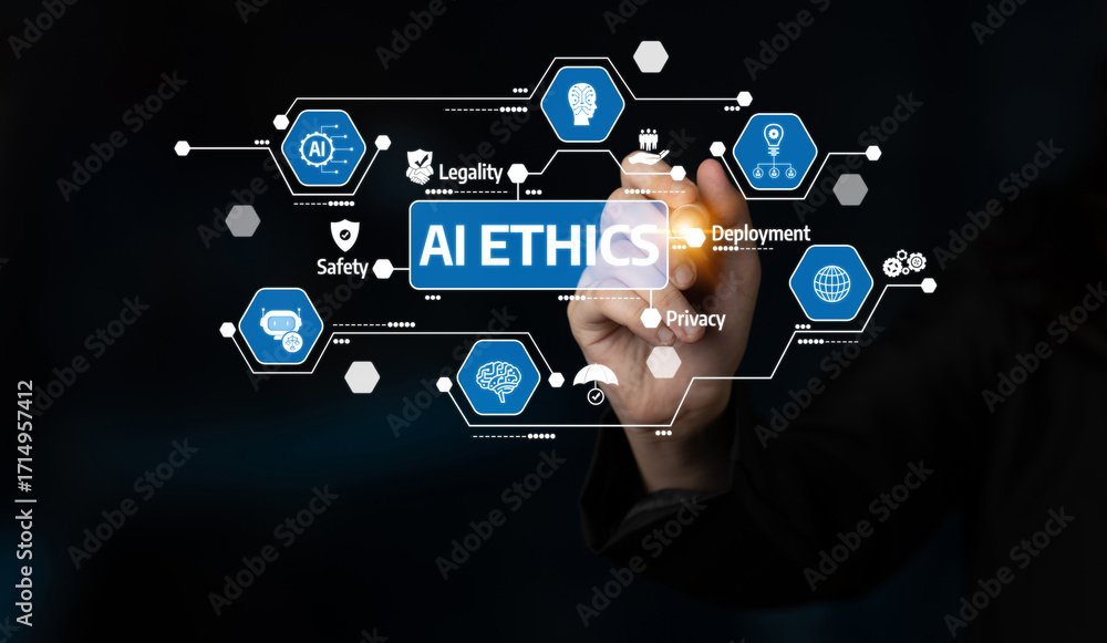 Poster a close-up view of a hand interacting with a digital interface, highlighting ai ethics with key conc