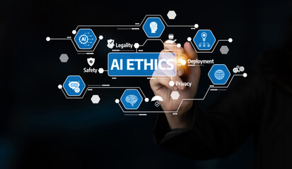 A close-up view of a hand interacting with a digital interface, highlighting AI ethics with key concepts such as privacy, safety, and legality, emphasizing responsible technology use. Tessel