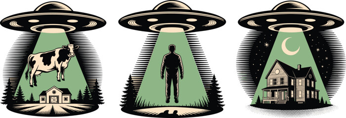 Three UFO abduction scenes with cow, human, and farmhouse at night, green beam lights, retro sci‑fi alien spaceship, extraterrestrial invasion artwork © Hey this is Tazim