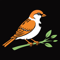 Logo design illustration of a sparrow perched on a branch with green leaves, set against a