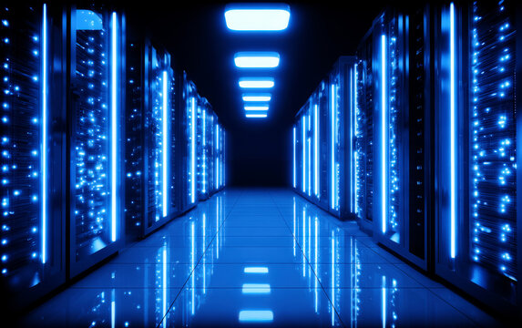 High-tech data center with rows of server racks and bright lighting