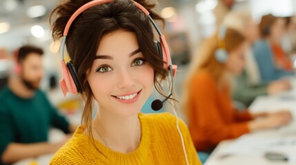 Smiling female call center agent with pink headset providing friendly customer support