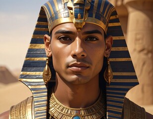 Portrait of a man wearing ancient Egyptian headdress and jewelry