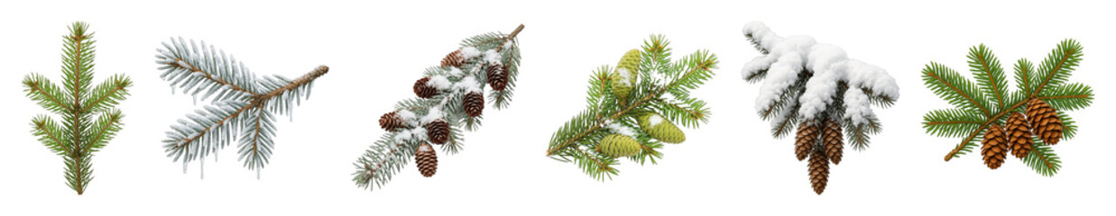 Conifer branch set including fresh, frosted, snowy, ice-covered, and various pinecone branches isolated. Winter holiday decorations.