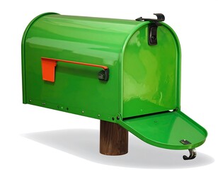 A vibrant, glossy green mailbox with an orange handle stands out against a white background.