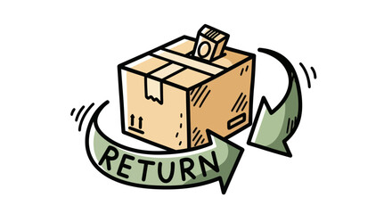 Cartoon Illustration of a Cardboard Box with Return Symbol.