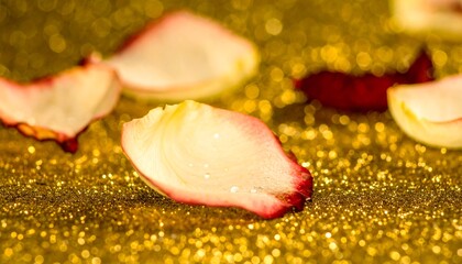 Rose petals on a golden glitter background