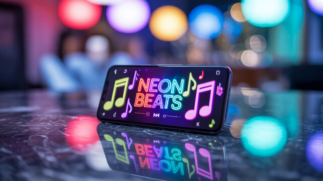 Smartphone Displaying Neon Beats App with Music Notes and Bokeh Lights Background mobile phone application