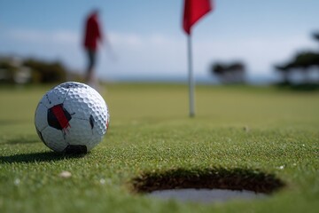 Obraz premium Soccer ball on green near golf flag, creative footgolf concept combining soccer and golf, outdoor sports background illustration for recreational and fitness activity design