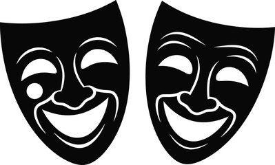 Two comedy theater masks black silhouette vector illustration, performing arts symbol, drama and entertainment icon, classic stage performance, joyful expression artwork