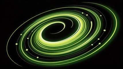 Vibrant Green Swirling Light Trails Forming a Spiral Galaxy on Black Background abstract