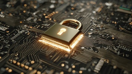 Secure your digital future with this stunning, glowing padlock on a complex circuit board