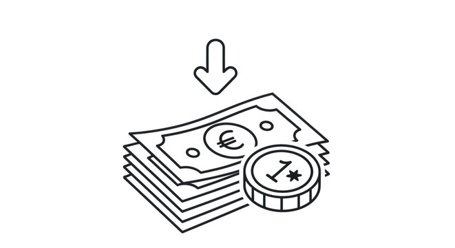 Simple line art icon of a stack of Euro banknotes and a one Euro coin with a downward arrow.