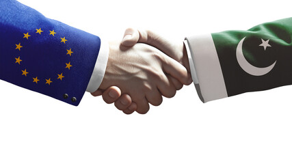 Handshake between European Union and Pakistan symbolizing diplomacy, cooperation, trade, and international relations.