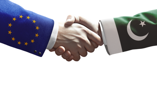 Handshake between European Union and Pakistan symbolizing diplomacy, cooperation, trade, and international relations.
