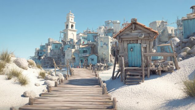 Coastal shack, wooden boardwalk, seaside town - Powered by Adobe