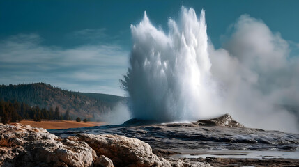 High-angle shot of a geyser erupting, sending a powerful jet of steam and water high into the air. 