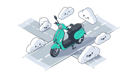 Cartoon-style turquoise scooter on a road surrounded by cute cloud characters. © Maryati