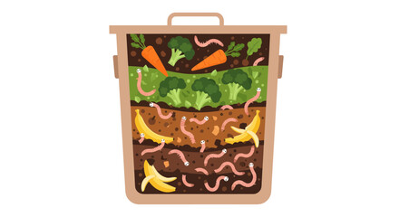 Layered Compost Bin Filled with Organic Waste and Worms.