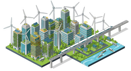 Futuristic eco-city with wind turbines and high-speed train.