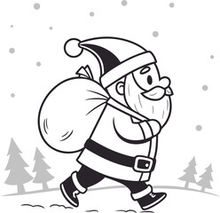 Santa Claus Illustration: A cheerful Santa Claus in his traditional red suit and carrying a large sack, presented with a colored version and a line art version. Perfect for Christmas cards