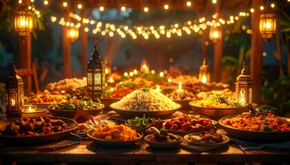 Ramadan Iftar Table with Arabic Rice, Kebab, and Nasi Minyak &ndash; Traditional Middle Eastern and Malay Cuisine