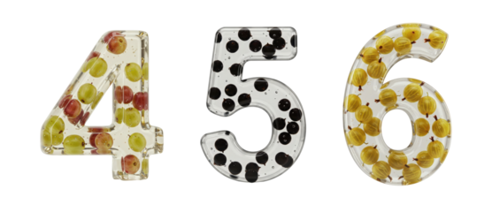 Set of numbers 4, 5, and 6 created from mix of healthy fruits and berries on a transparent background.