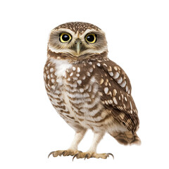 Fototapeta premium Burrowing Owl, A burrowing owl in a natural habitat, sitting on a small mound with its head turned, displaying its unique facial features, isolated on transparent background
