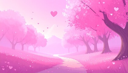 Pastel pink landscape with cherry blossoms and hearts