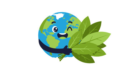 Cartoon Earth Character Hugging Green Leaves Winking and Smiling.