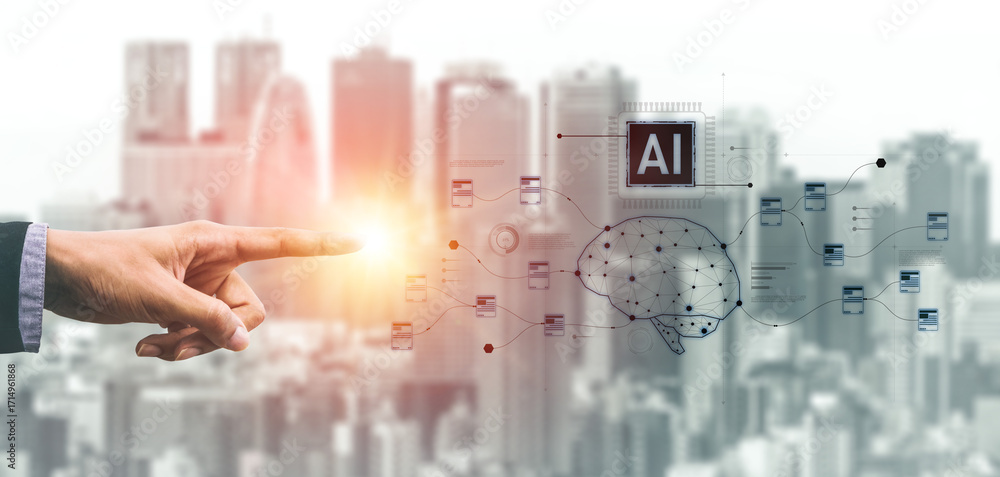 Poster ai neural network and data processing system visualizing artificial intelligence with brain structur