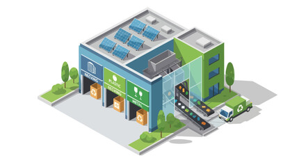 Obraz premium Modern Green Warehouse with Solar Panels and Loading Docks.