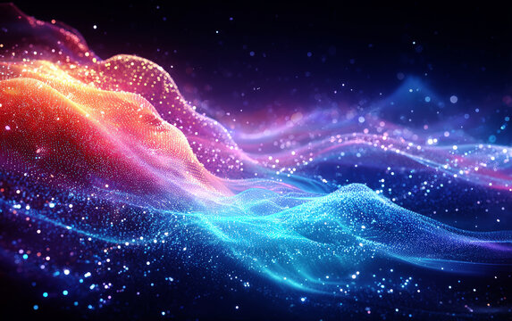 Vibrant and colorful abstract digital wave pattern with glowing particles
