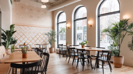 Modern cozy cafe interior with wooden tables and large arched windows