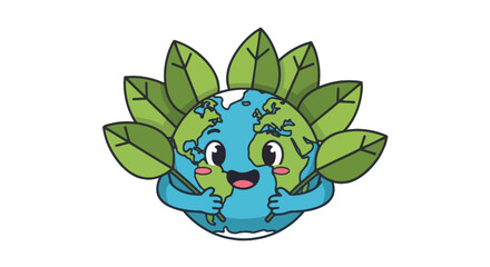 Cute cartoon Earth character hugging itself with leaves.