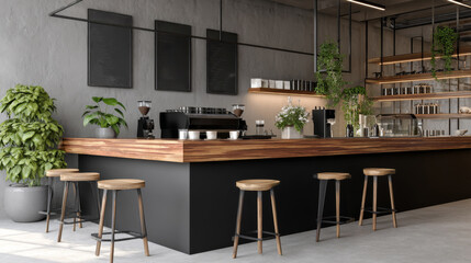 Modern loft cafe interior with wooden counter and black details