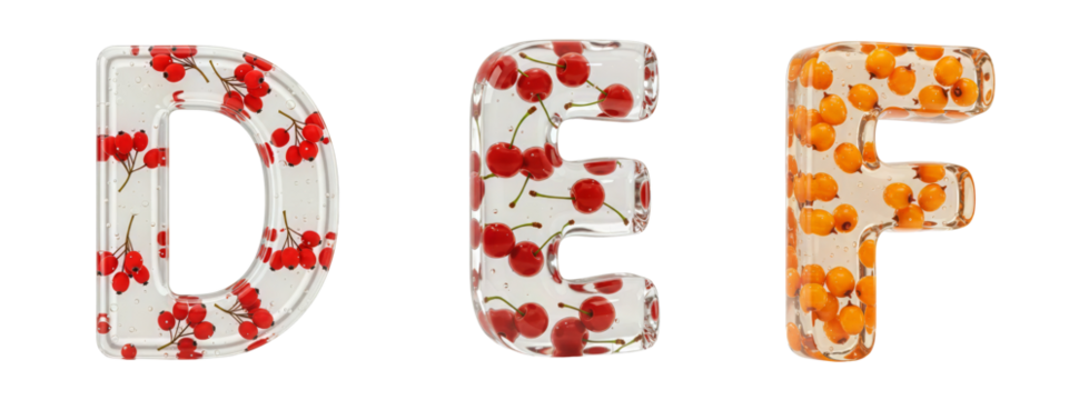 Fruit Alphabet. A set of letters D, E, F. Realistic letter shape made of colorless gel with berries inside on a transparent background.