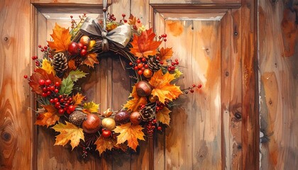 Herbstliche Dekoration – Türkranz mit Blättern, Kastanien und Beeren.