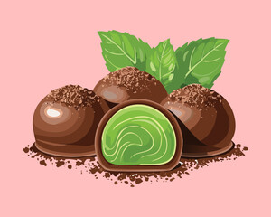 A cluster of delicious chocolate truffles with a vibrant mint filling, a perfect blend of rich and fresh - Vector Illustration