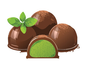 decadent dark chocolate truffles with a fresh mint ganache filling, a luxurious gourmet dessert - Vector Illustration