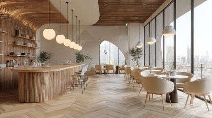 Modern cafe interior with wooden bar counter and panoramic city view