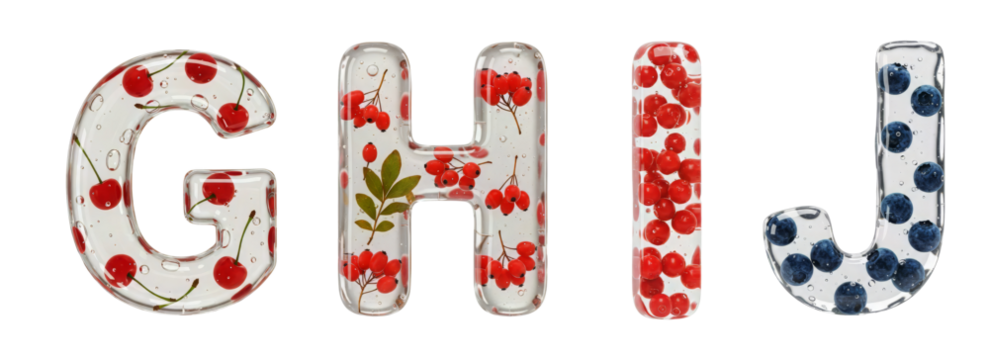 Fruit Alphabet. A set of letters G, H, I, J. Realistic letter shape made of colorless gel with berries inside on a transparent background.