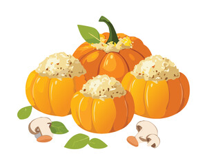 A delightful pile of golden pumpkin meatballs, garnished with mushrooms and fresh herbs for a savory dish - Vector Illustration